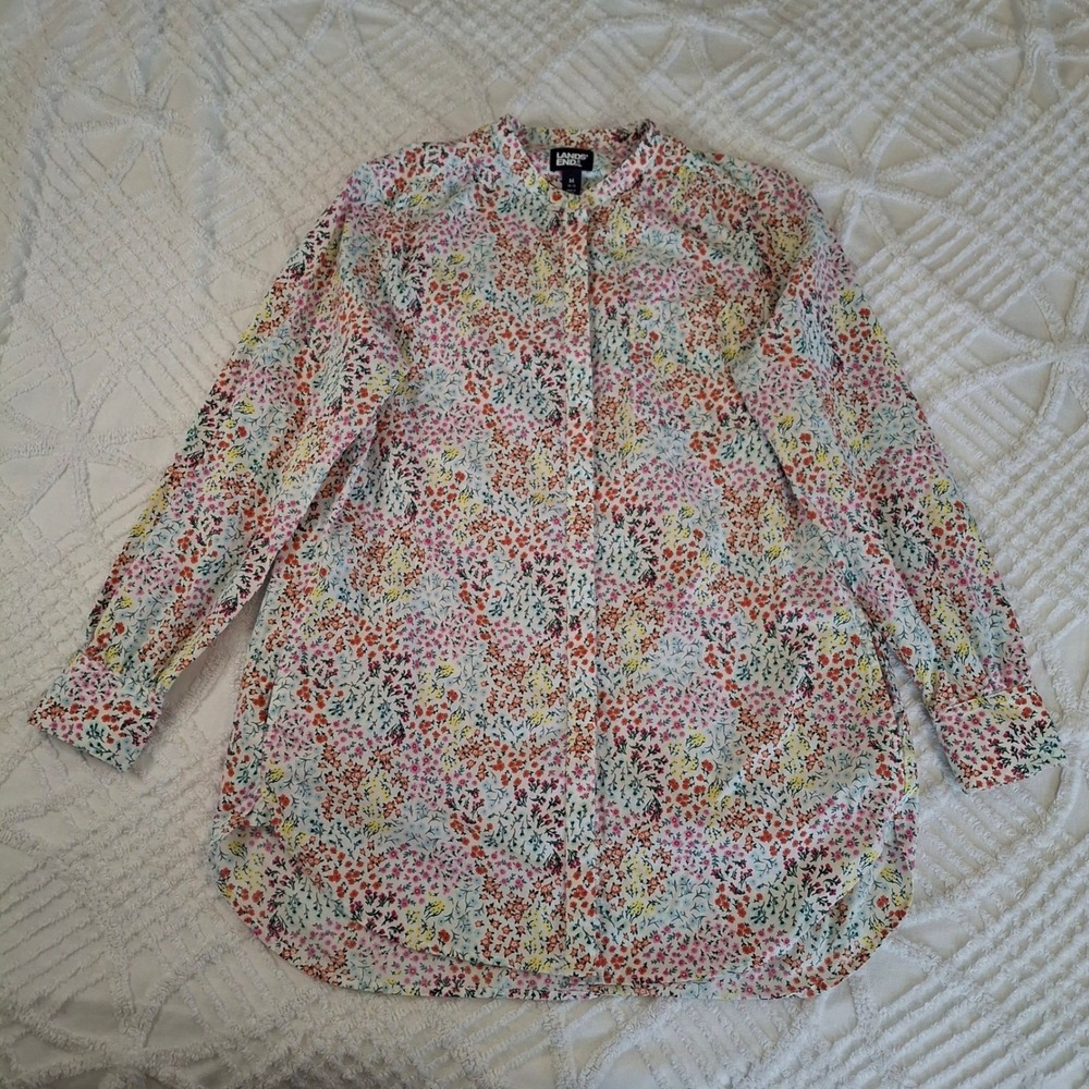 Lands End Womens Medium White Floral Long Sleeve Button Up Tunic Cotton Shirt